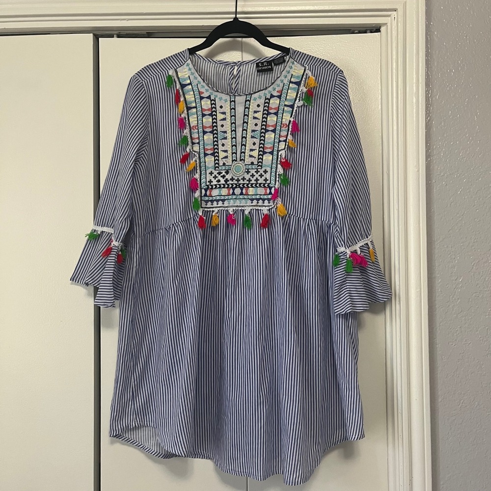 SR Fashion Blue White Stripe Tassel Embroidered Bell Sleeve‎ Tunic Top L